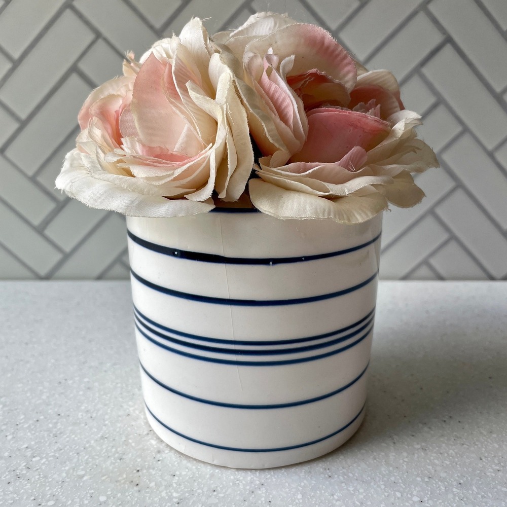 Faux Pink Roses in Blue and White Striped Ceramic Pot Floral Arrangement Decor